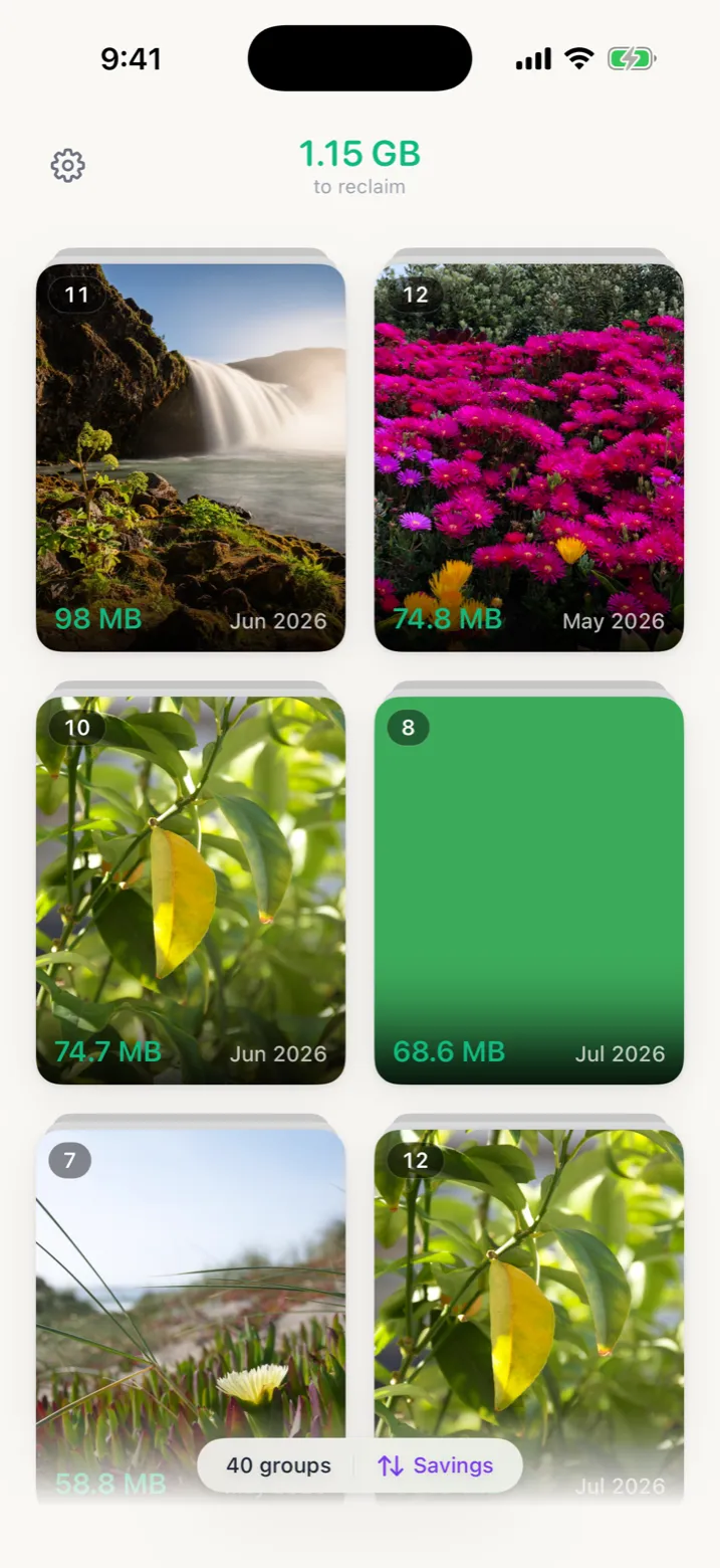 Pic Prune's main screen on an iPhone, showing photo groups as cards. Each card carries the number of photos in the group, the space that group is using, and the month the photos were taken.